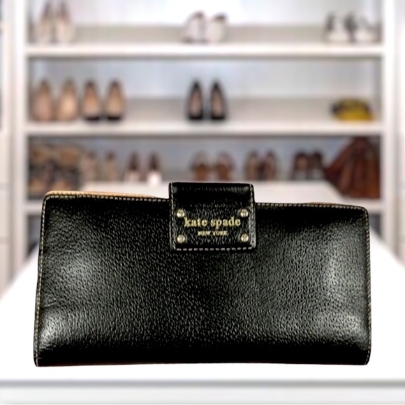 Kate Spade Black Clutch Large Wallet Black and Warm Vanilla Mocha Interior